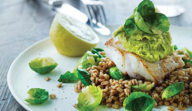 COD AND PEARLED SPELT WITH BRUSSELS SPROUTS